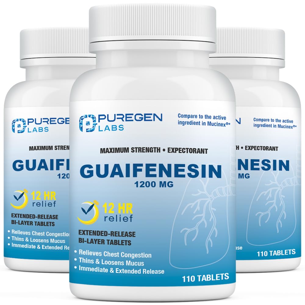 Puregen Labs Mucus Relief bottle showing 1200 mg guaifenesin for 12-hour support