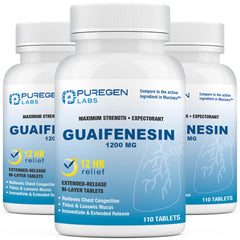 Puregen Labs Mucus Relief bottle showing 1200 mg guaifenesin for 12-hour support