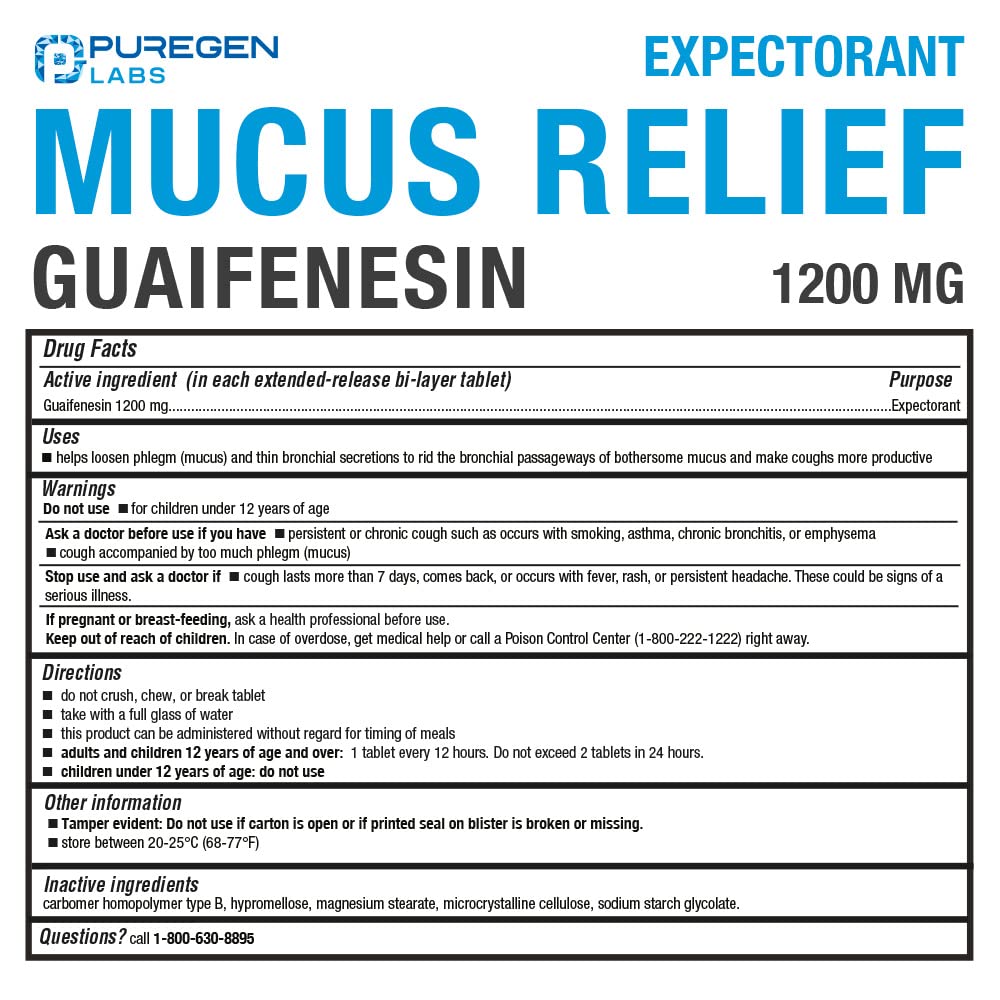 Puregen Labs Mucus Relief tablets close-up highlighting 1200mg active ingredient for chest relief