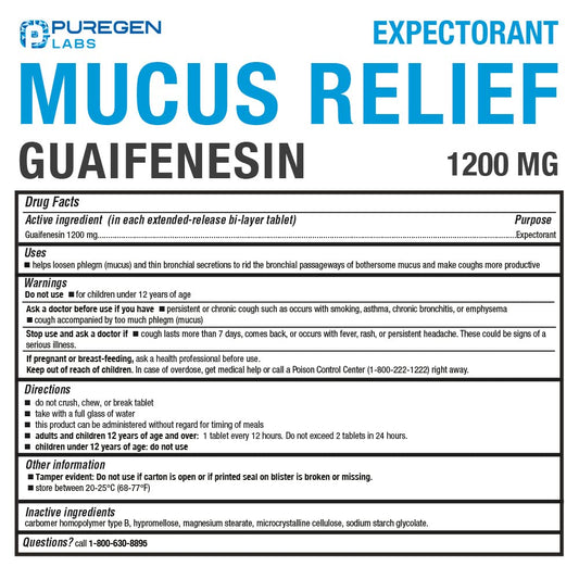 Puregen Labs Mucus Relief tablets for non-drowsy daytime use.