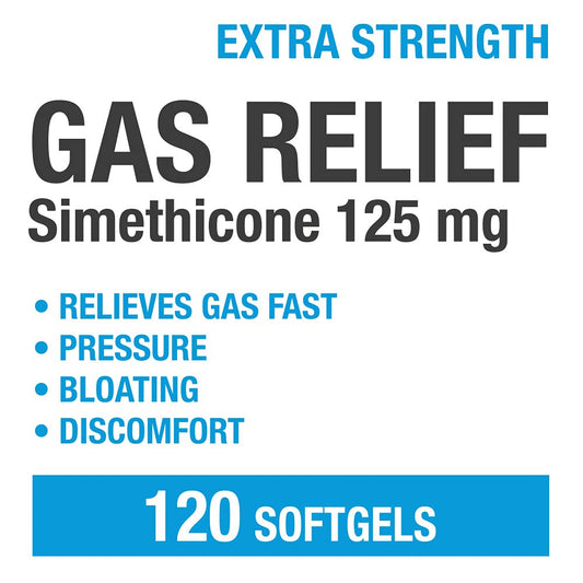 Puregen Labs softgel capsule showing 125 mg simethicone dosage.