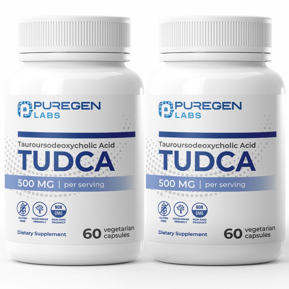Puregen Labs TUDCA 500mg bottle with clear label for daily liver support
