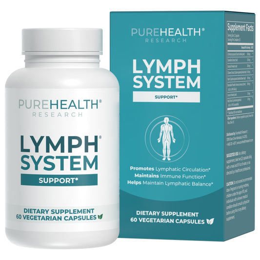 PureHealth Research Lymph System Support bottle front showing label with dandelion extract for drainage