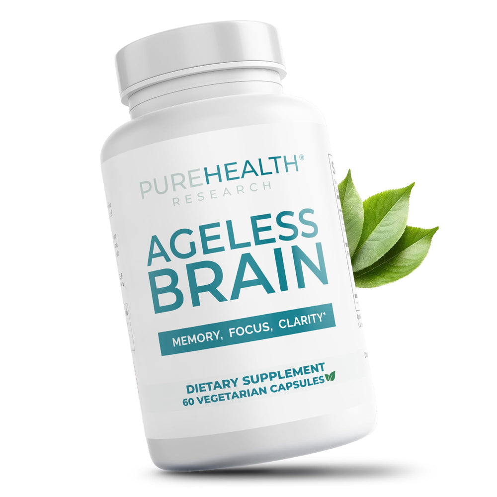 PureHealth Research Ageless Brain bottle close-up showing capsules for memory support