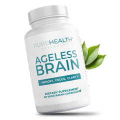 PureHealth Research Ageless Brain bottle close-up showing capsules for memory support