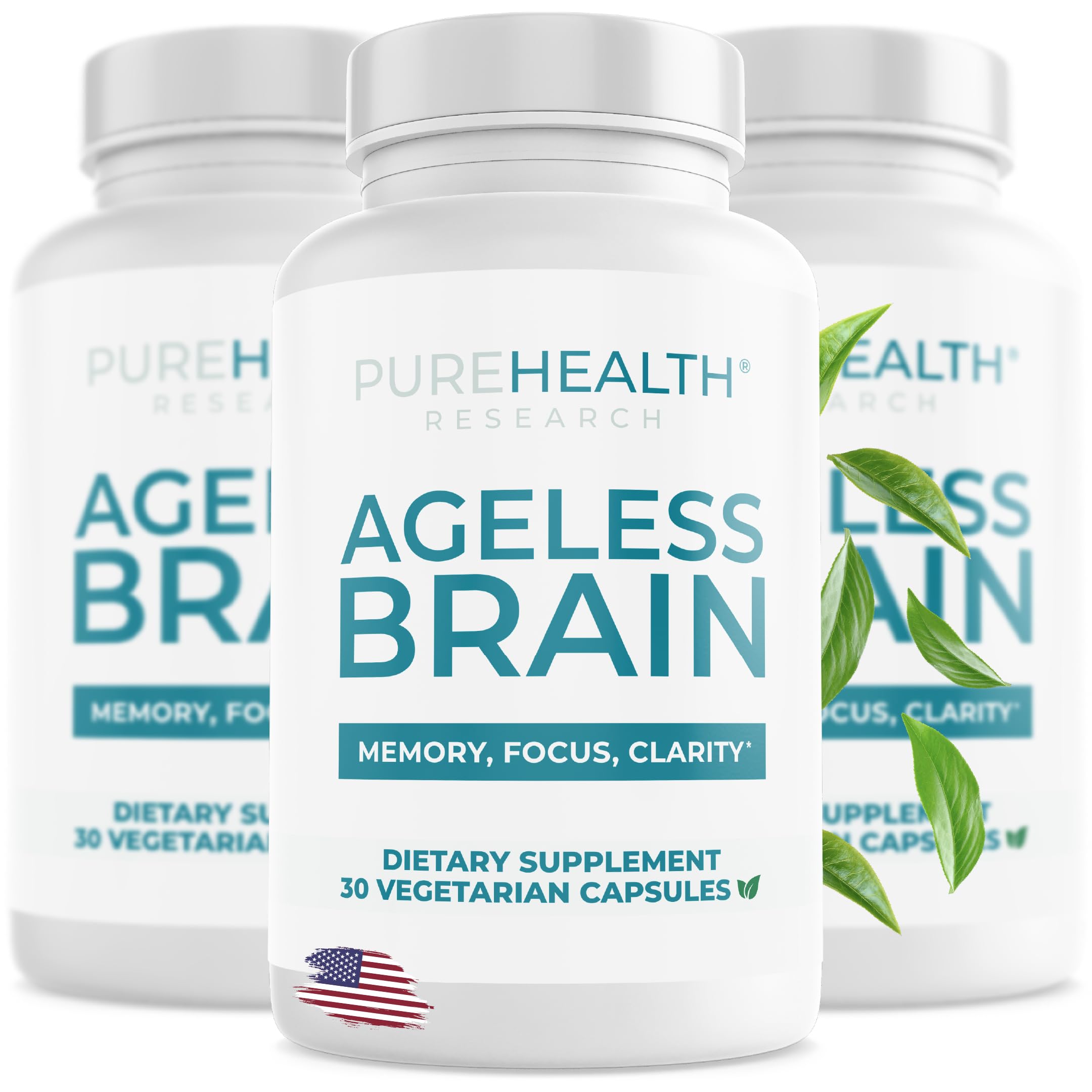 PUREHEALTH RESEARCH Ageless Brain bottle label highlights premium packaging for memory support.
