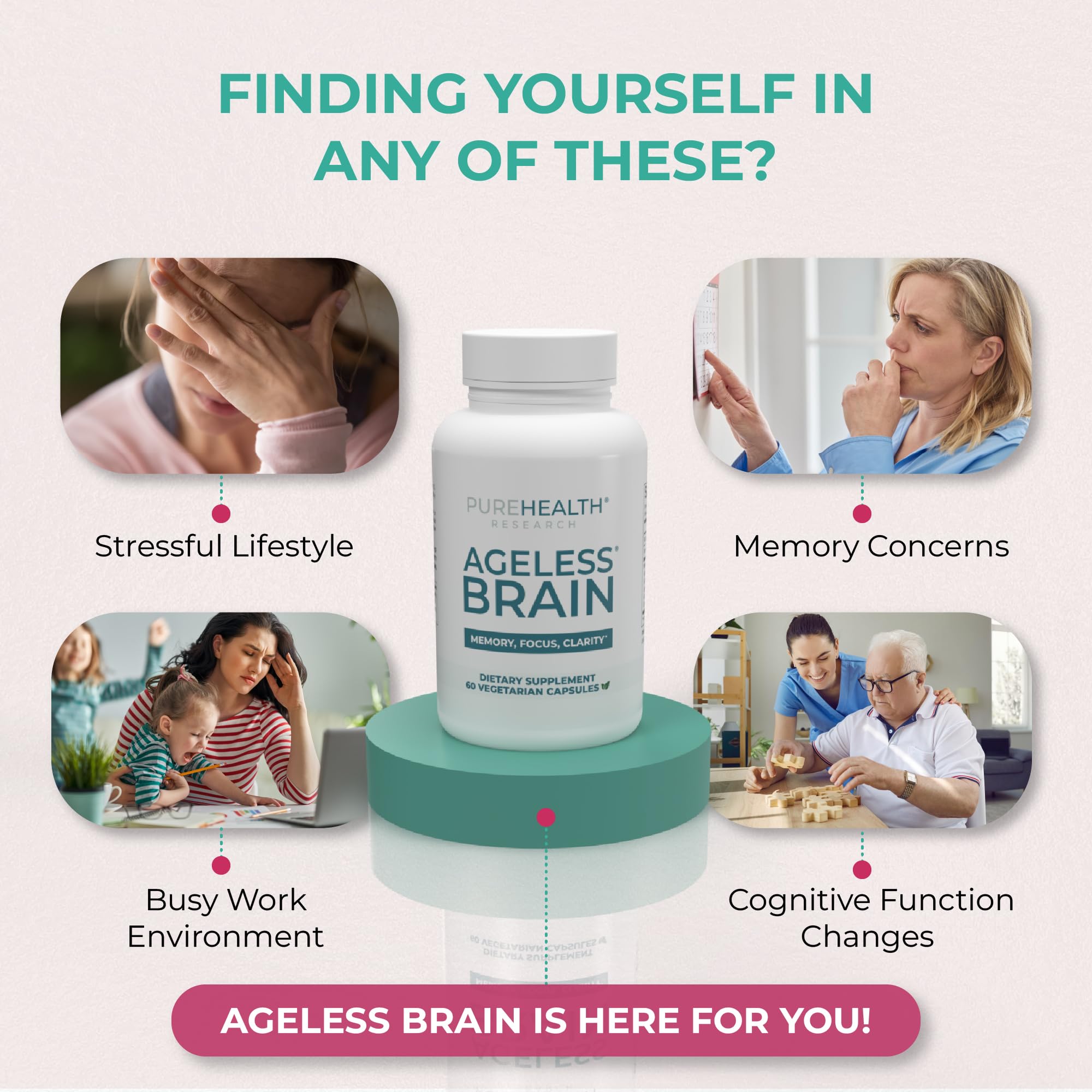 Close-up of PureHealth Research Ageless Brain capsules featuring key ingredients