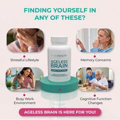 Close-up of PureHealth Research Ageless Brain capsules featuring key ingredients