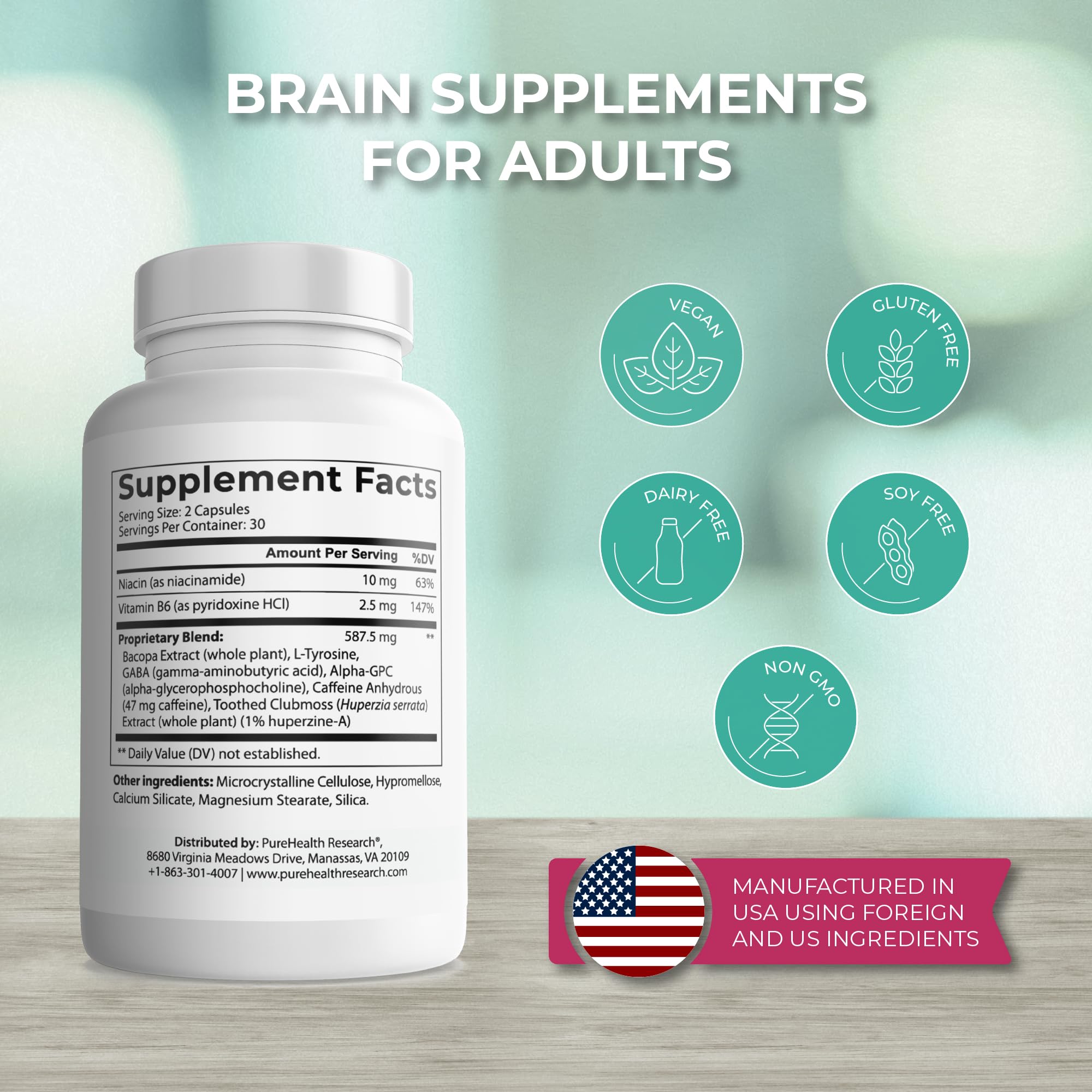 PureHealth Research Ageless Brain label highlighting bacopa and alpha-GPC ingredients