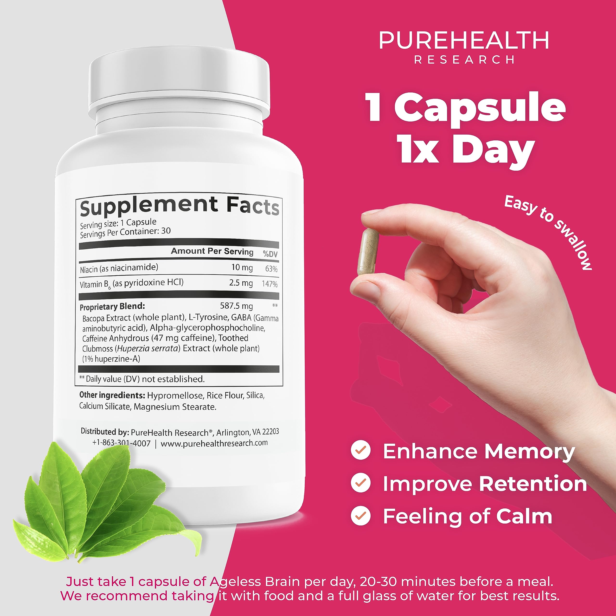 PUREHEALTH RESEARCH Ageless Brain packaging box communicates vegetarian, non-GMO credentials.