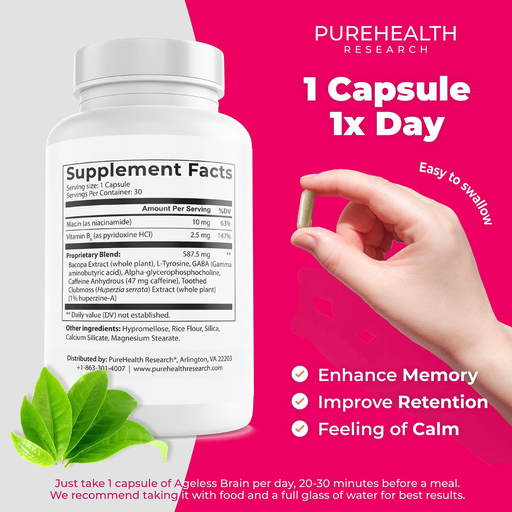 PUREHEALTH RESEARCH Ageless Brain packaging box communicates vegetarian, non-GMO credentials.
