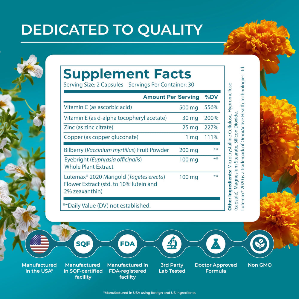 PUREHEALTH RESEARCH Complete Vision Formula capsules in hand for daily use.