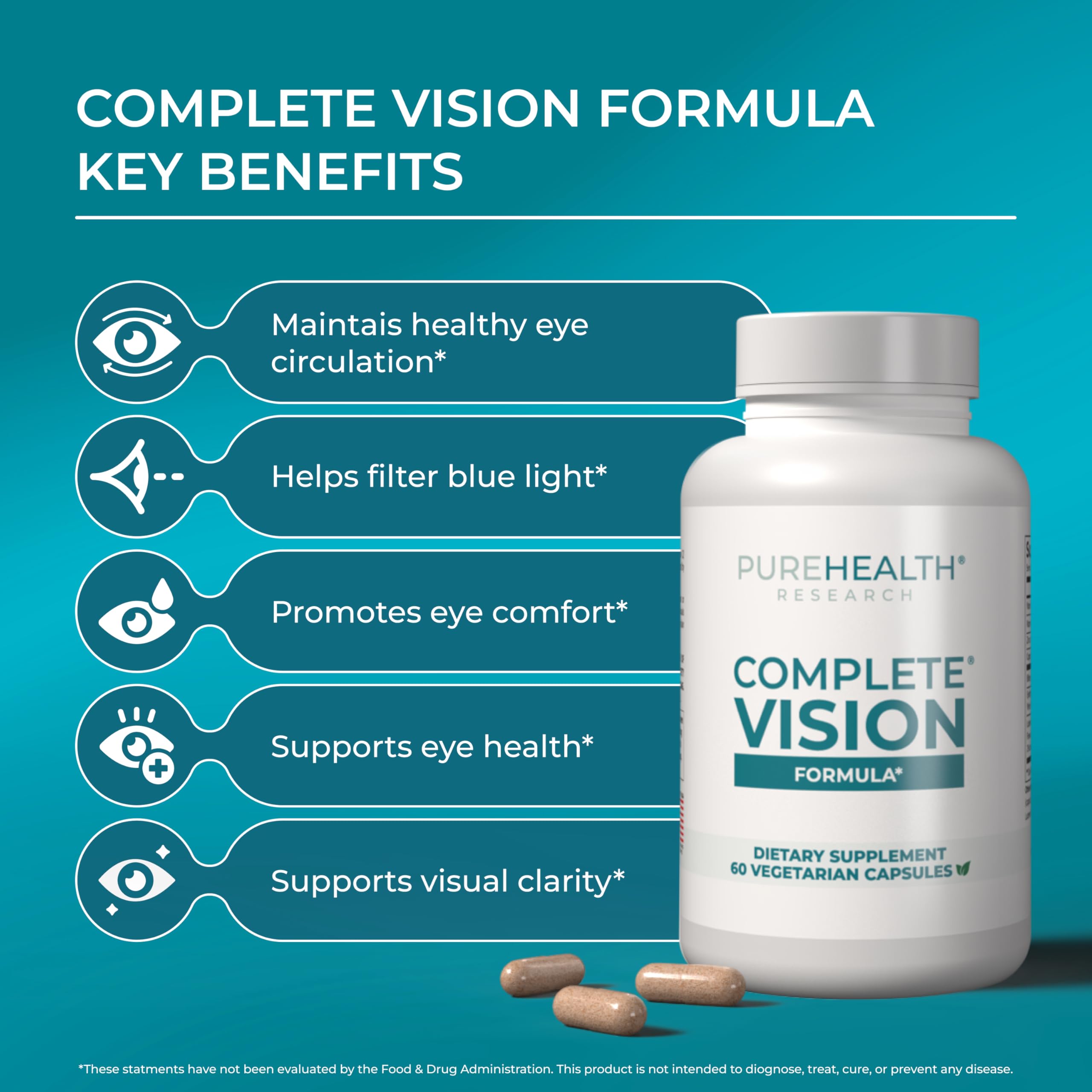 PUREHEALTH RESEARCH Complete Vision Formula label close-up highlighting lutein and zeaxanthin.