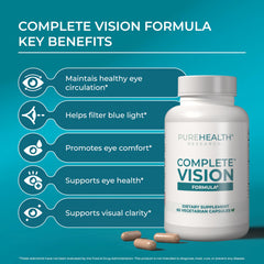 PUREHEALTH RESEARCH Complete Vision Formula label close-up highlighting lutein and zeaxanthin.