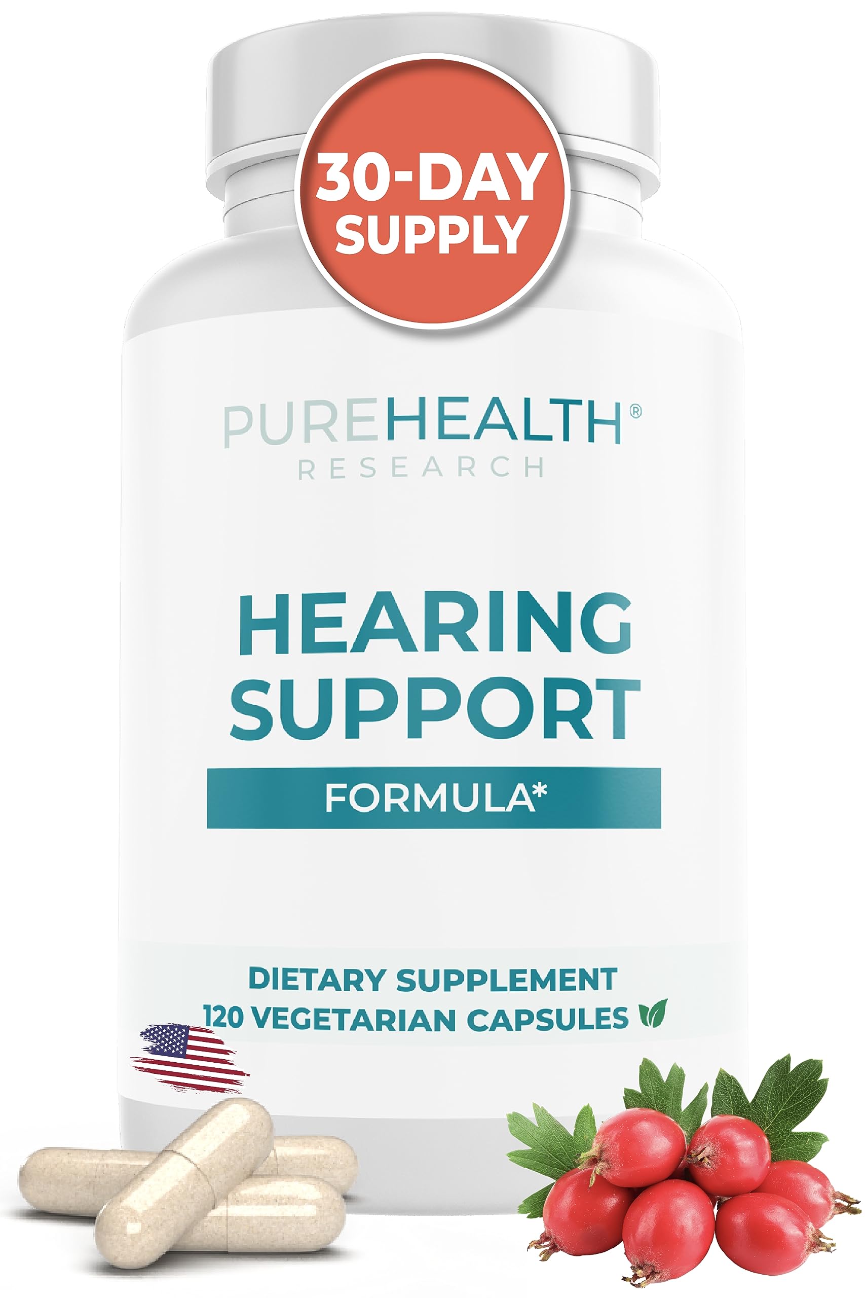 PureHealth Research Hearing Support Formula bottle shown for daily use.