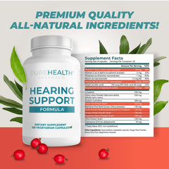 PureHealth Research Hearing Support Formula label closeup highlights its ingredient focus.