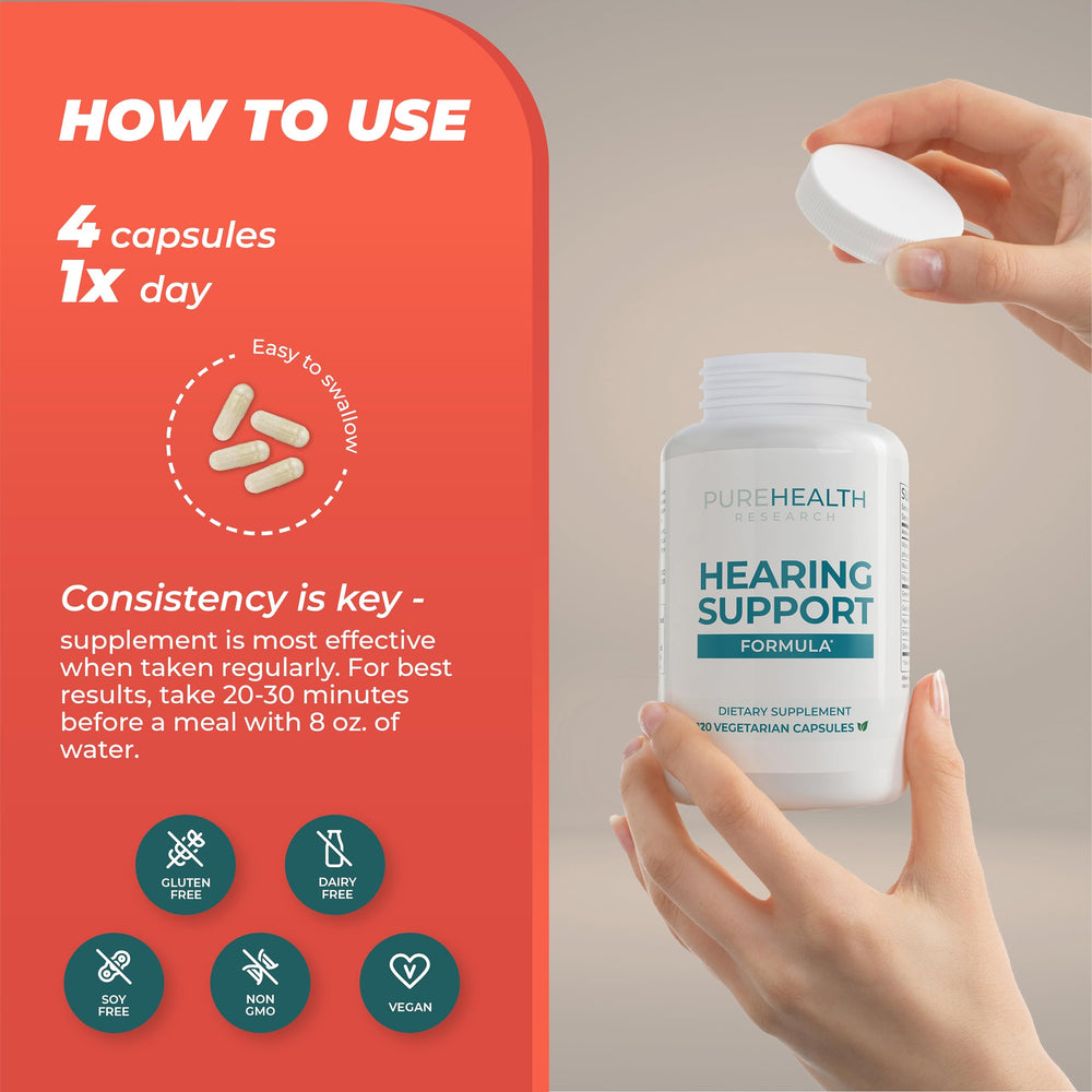 PureHealth Research Hearing Support Formula magnesium and folic acid are emphasized in this shot.