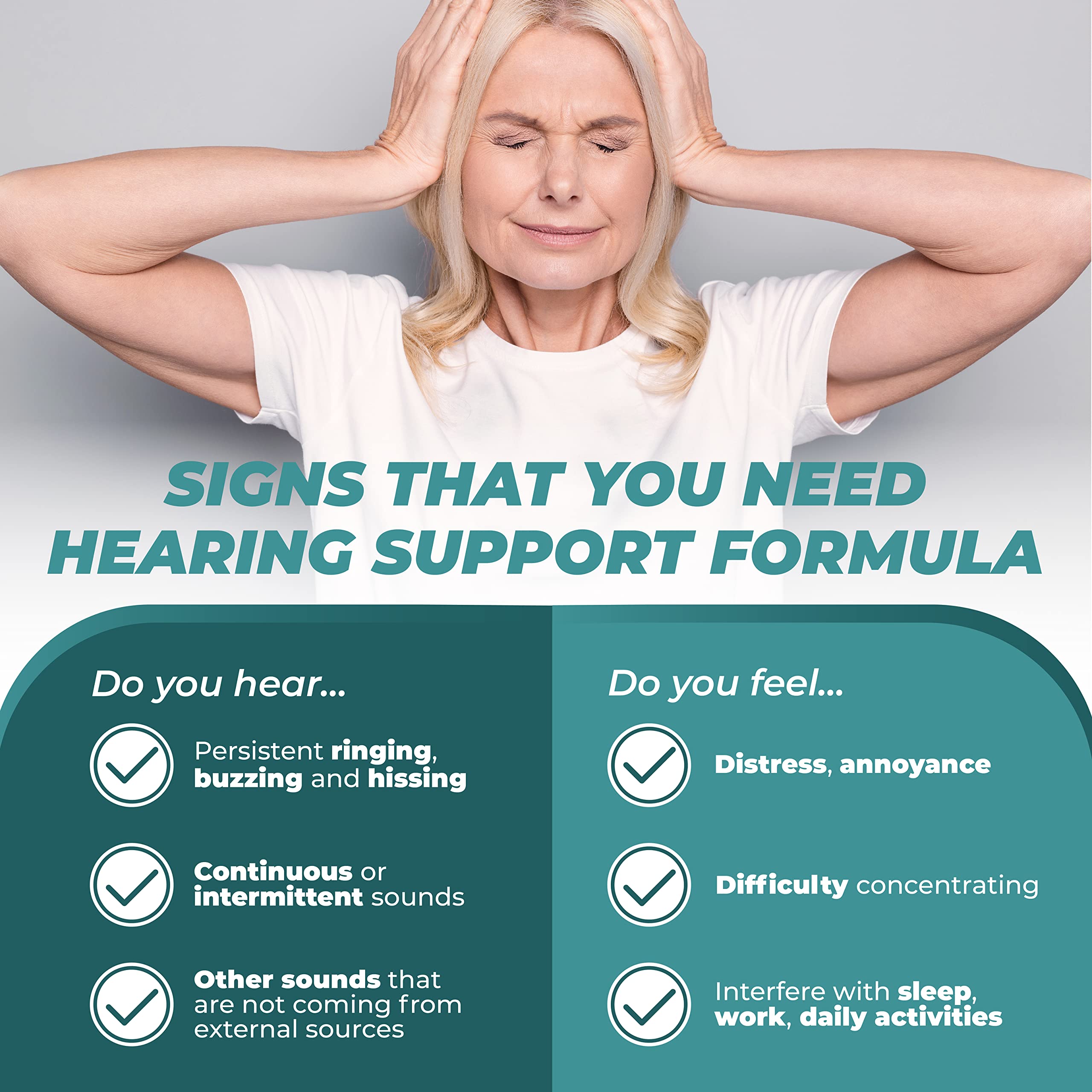 PureHealth Research Hearing Support Formula capsules on a table suggest daily use.