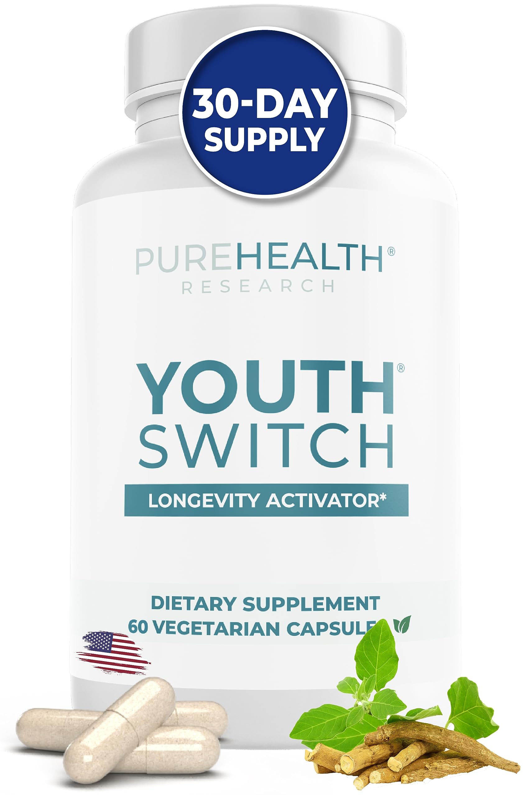 PureHealth Research Youth Switch bottle with capsules for daily longevity support.