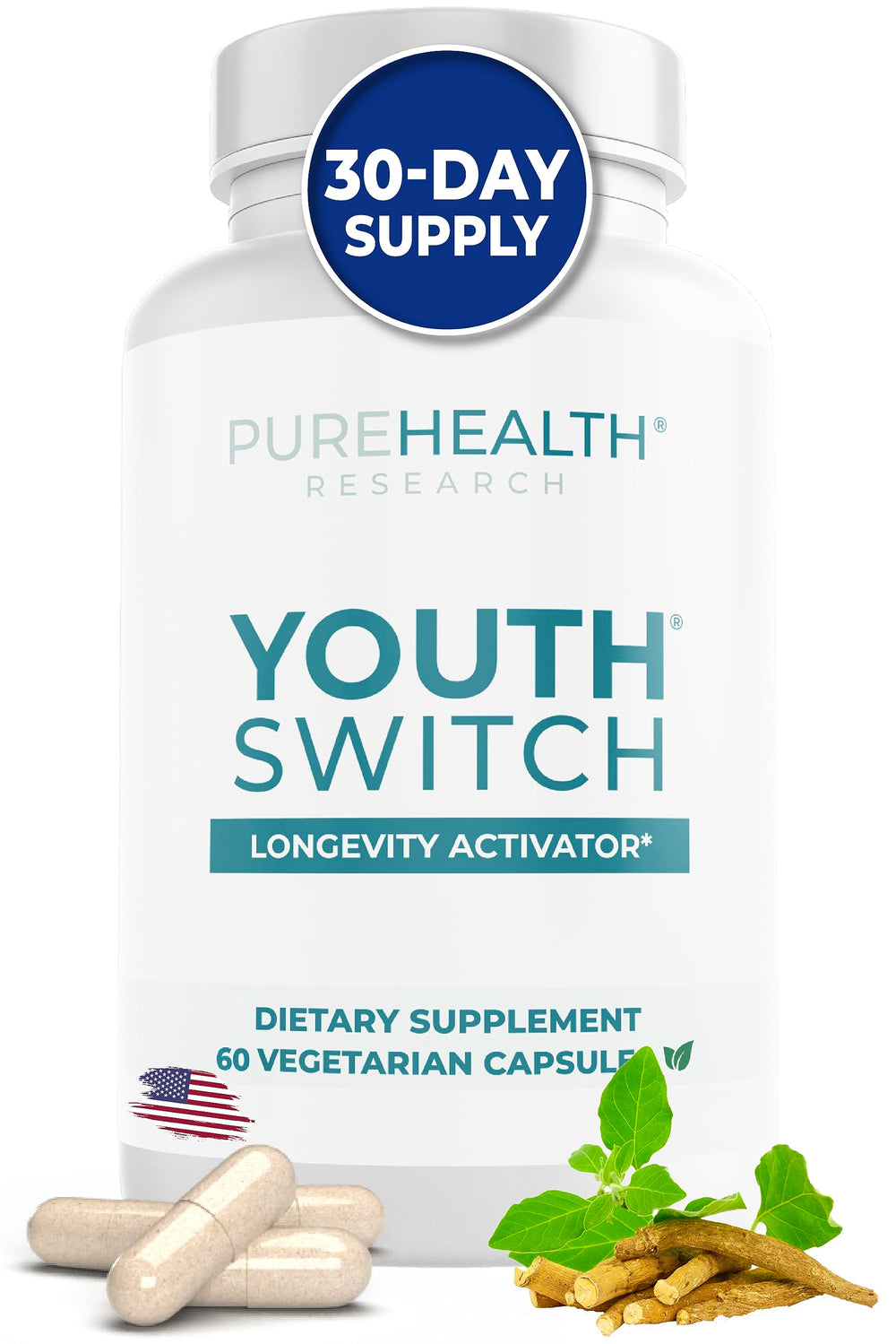 PureHealth Research Youth Switch bottle with capsules for daily longevity support.