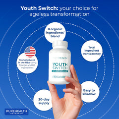 PureHealth Research Youth Switch label shows gluten-free and non-GMO certifications.