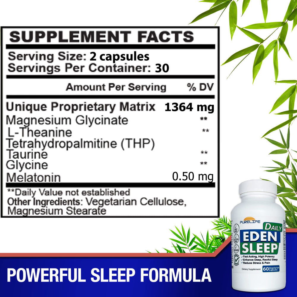 PureLife Eden Daily Sleep packaging shows new THP blend for calmer nights.