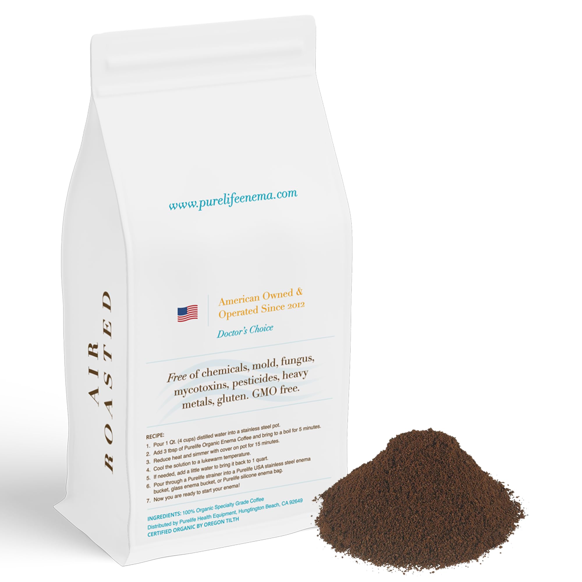 PureLife Enema Coffee air-roast bag emphasizes mold-free processing for clean, fresh brews.