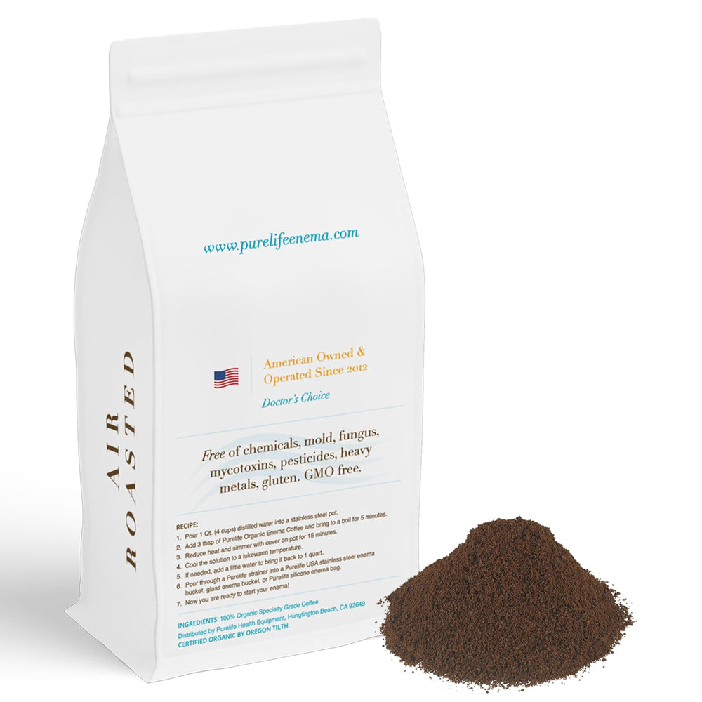 PureLife Enema Coffee air-roast bag emphasizes mold-free processing for clean, fresh brews.