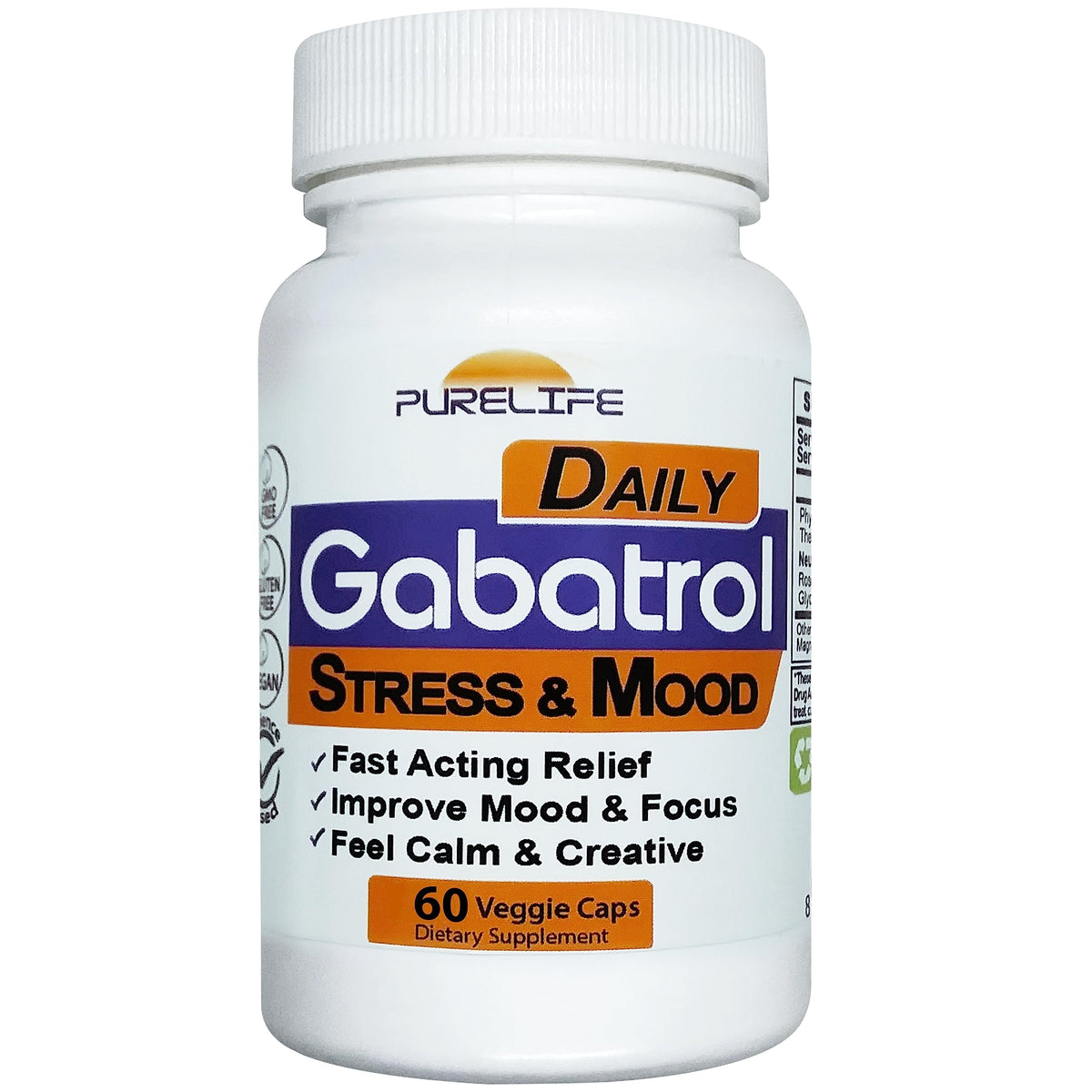 PureLife Gabatrol Daily bottle front view, vegan relaxation aid.