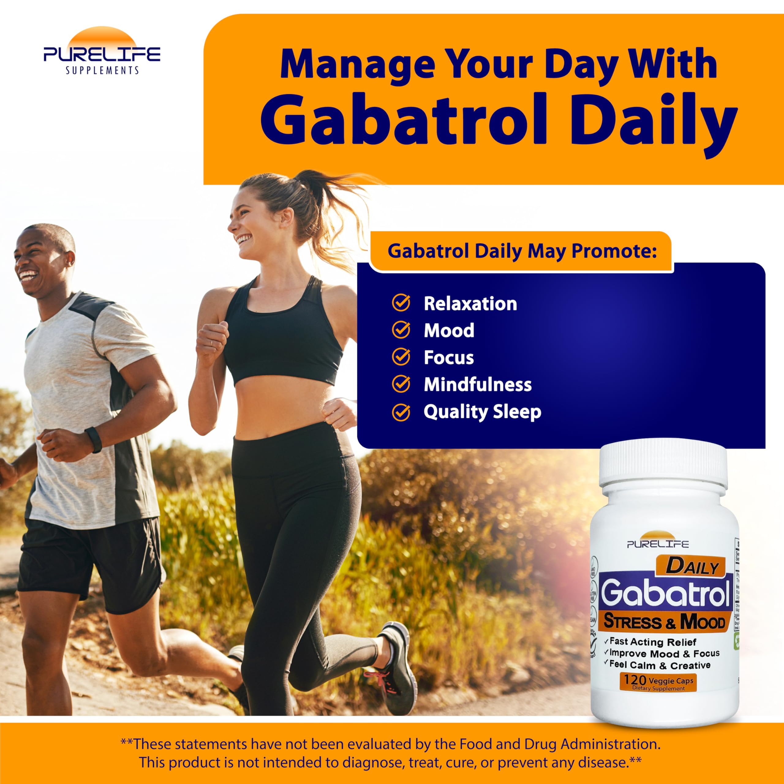 PureLife Gabatrol Daily capsules close-up highlights vegan, plant-based GABA benefits.