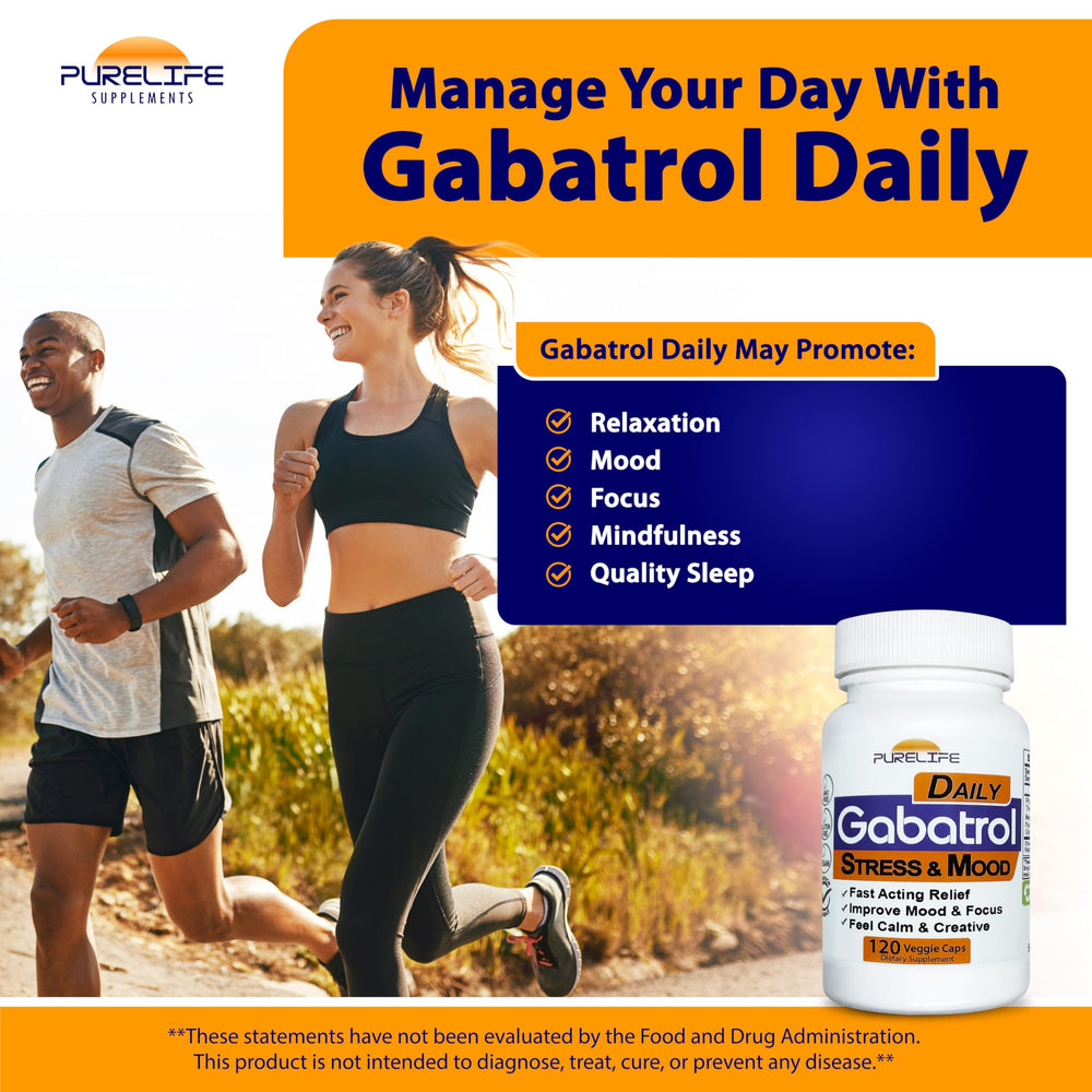 PureLife Gabatrol Daily capsules close-up highlights vegan, plant-based GABA benefits.