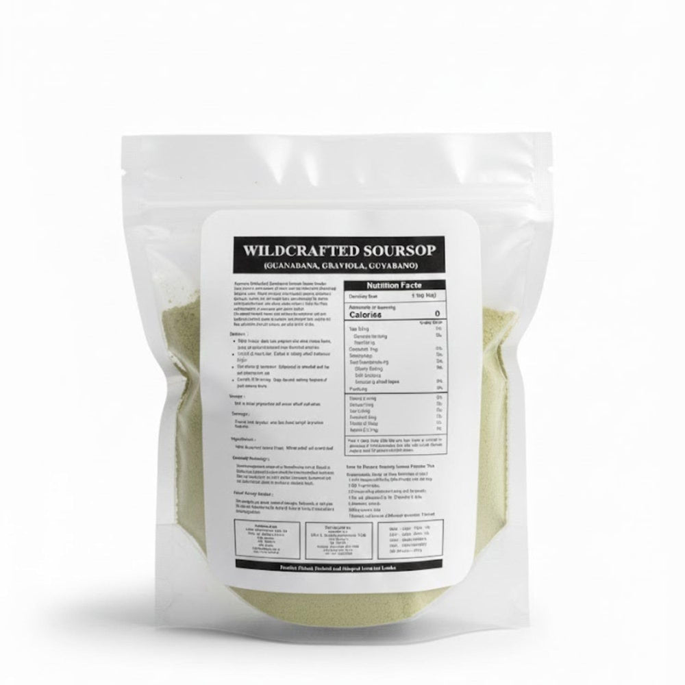 Purelife Herbs Graviola leaves powder closeup texture ideal for smoothies.