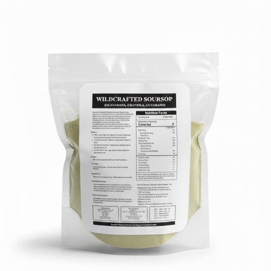 Purelife Herbs Graviola leaves powder closeup texture ideal for smoothies.