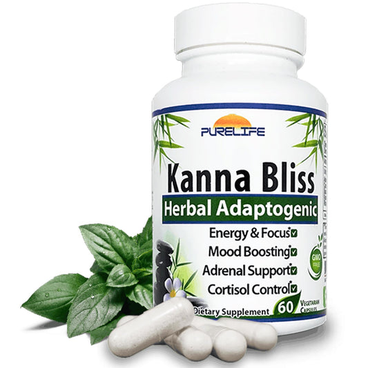 PureLife Kanna Bliss bottle front with label promoting calm focus.