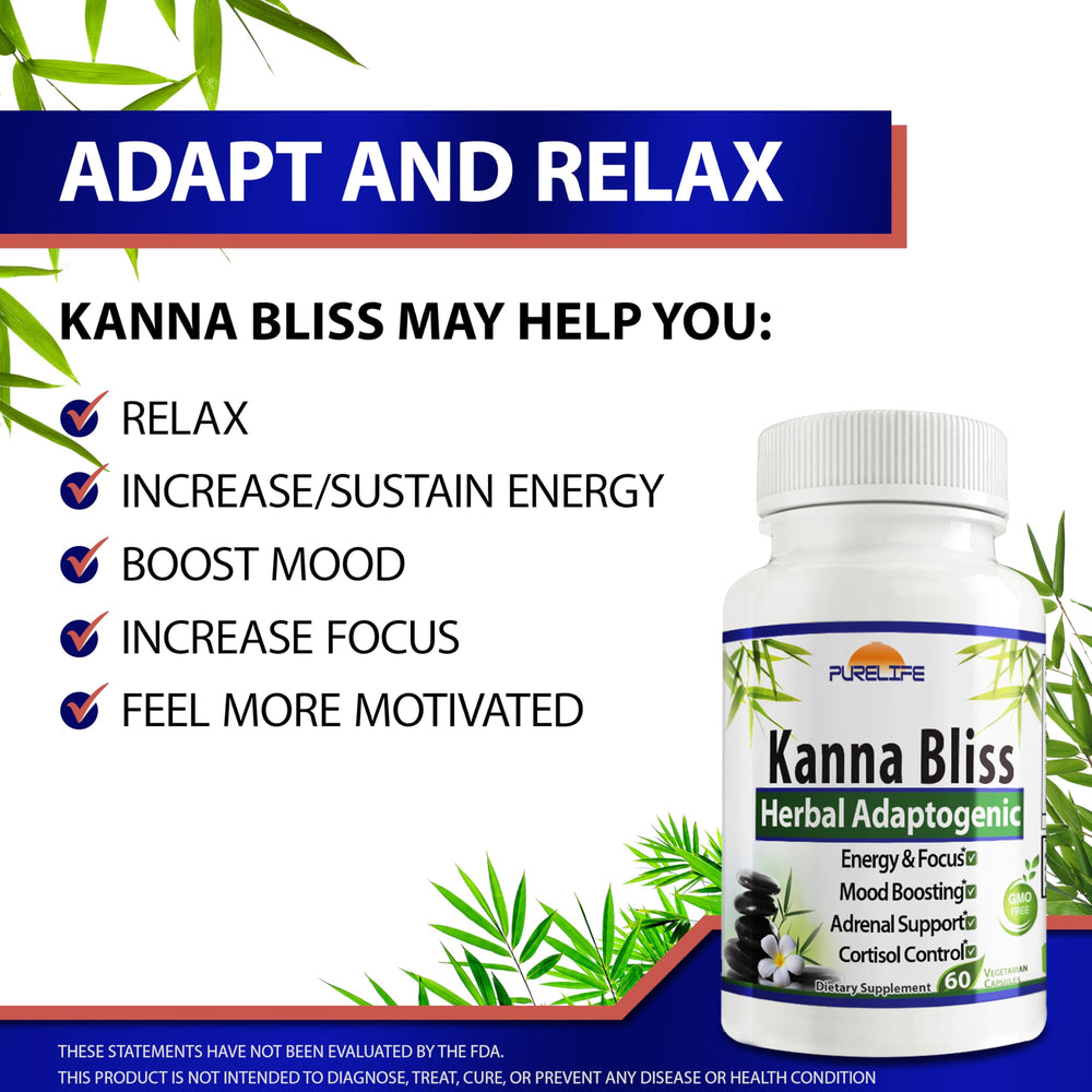 PureLife Kanna Bliss bottle side showing compact packaging for daily balance.