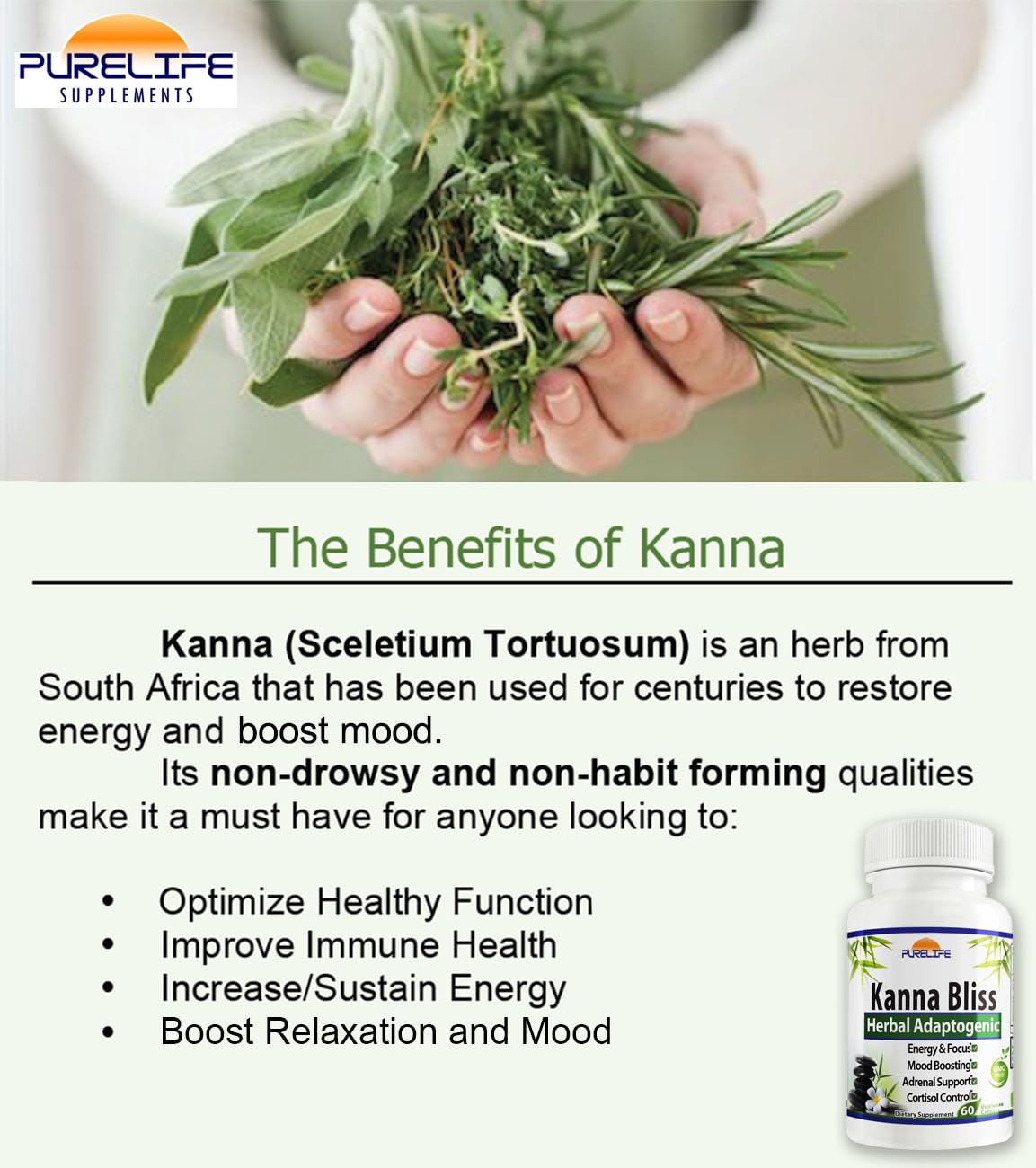 PureLife Kanna Bliss label detail showing herbal adaptogens for balance.