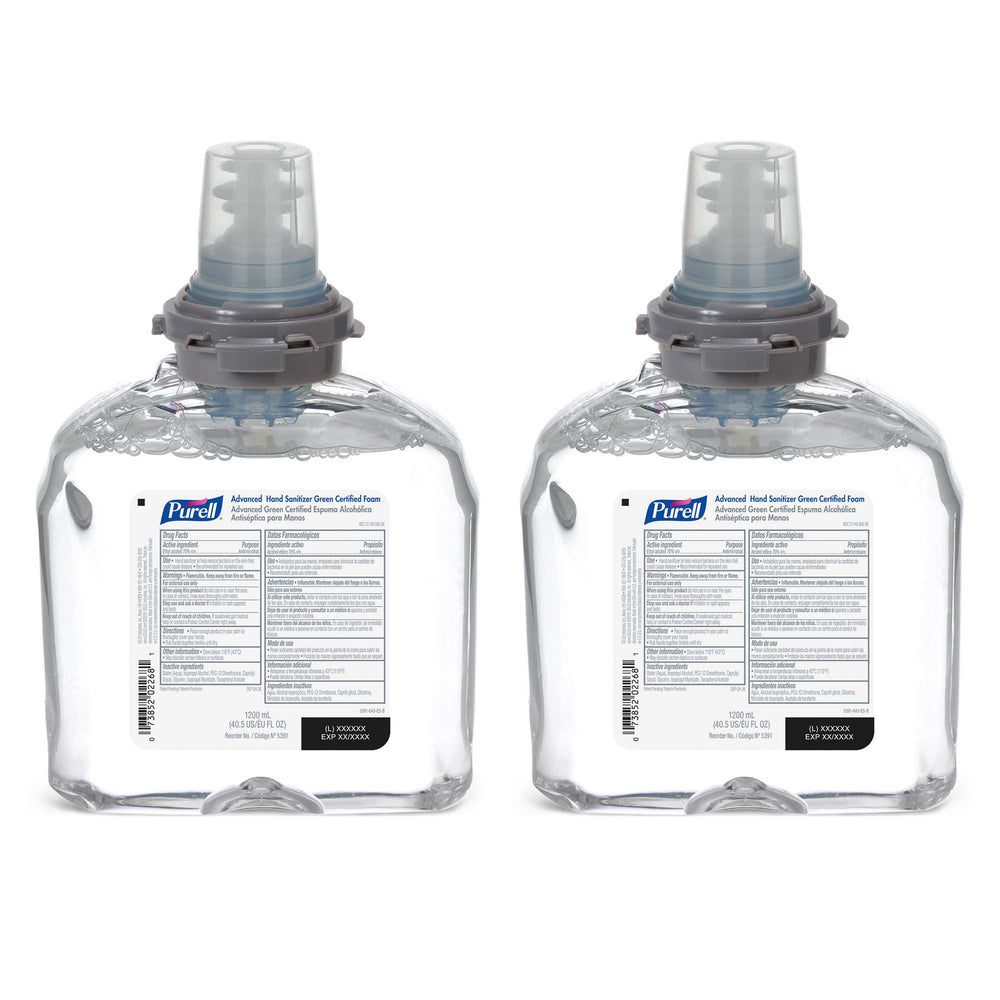 Purell Advanced Green foam bottle pour shows quick, smooth sanitizing in busy areas.