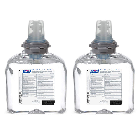 Purell Advanced Green foam bottle pour shows quick, smooth sanitizing in busy areas.
