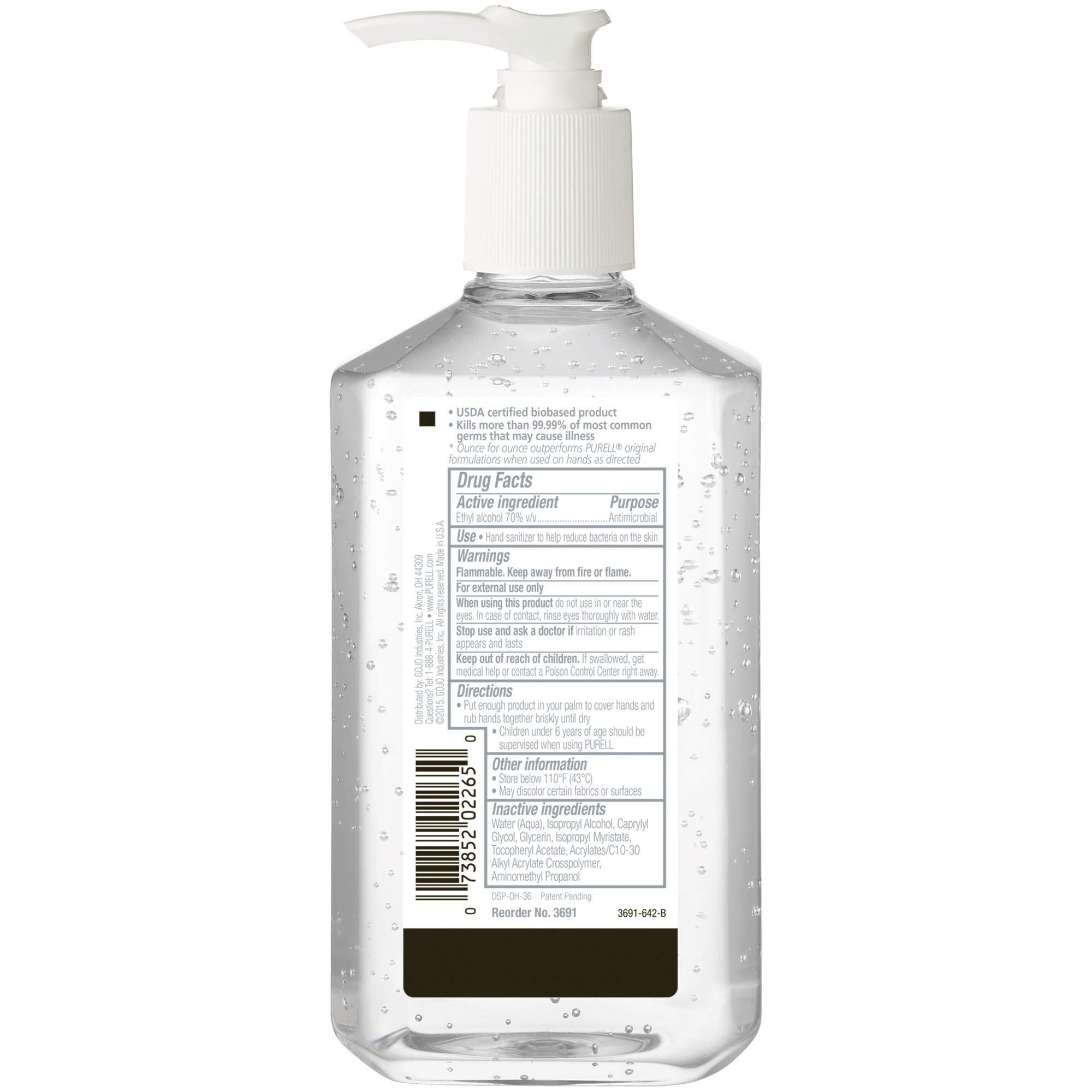 Purell Advanced Hand Sanitizer label close-up showing fragrance free and dye free formulation