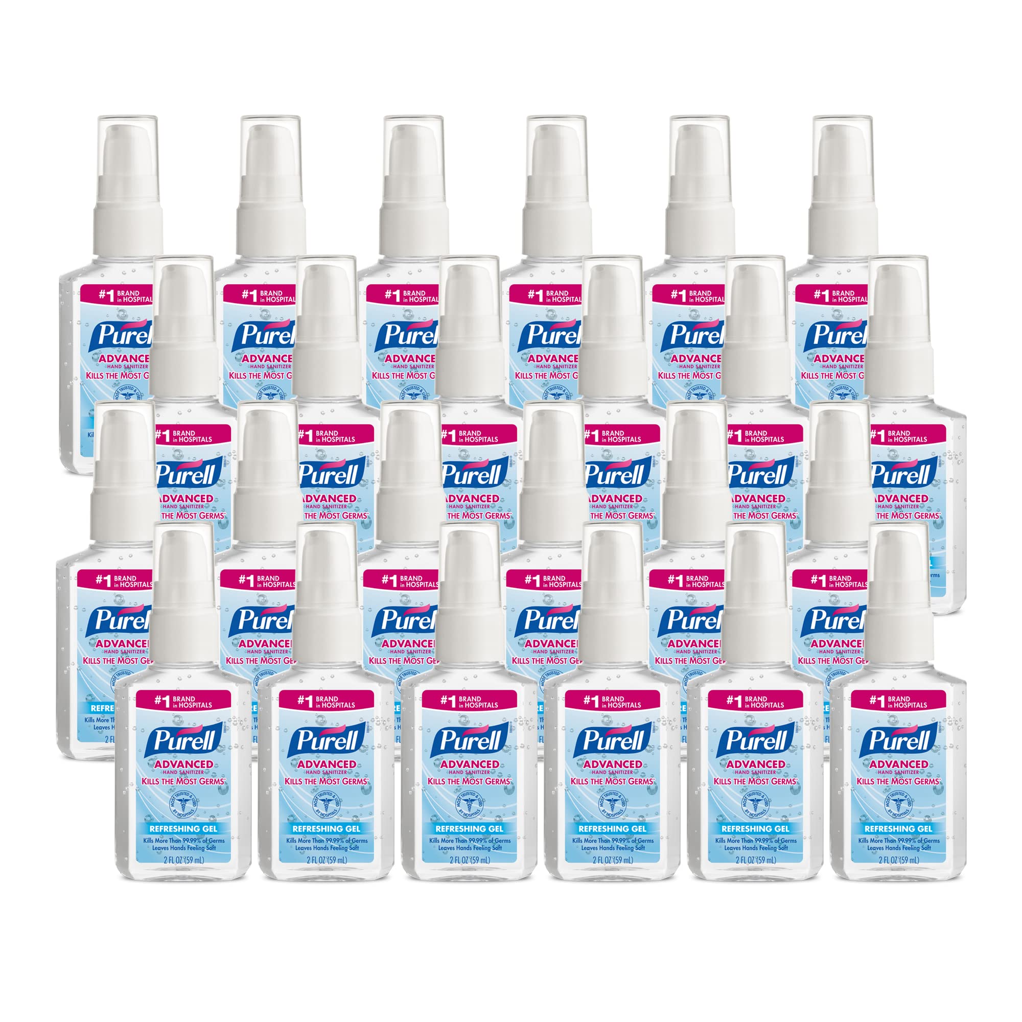 PURELL Advanced Hand Sanitizer Refreshing Gel 2oz bottle with pump for quick on-the-go sanitizing.