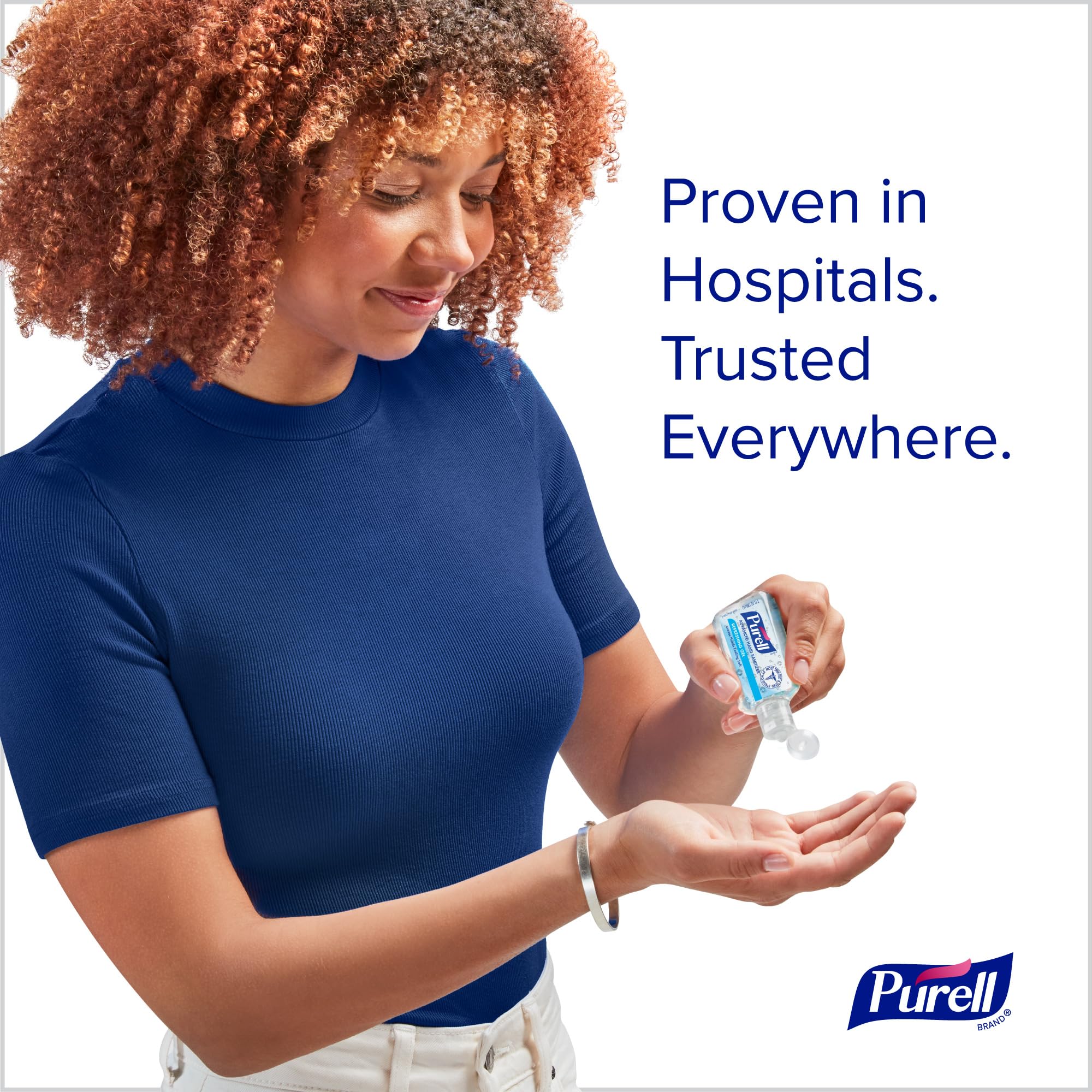 Purell Advanced Hand Sanitizer in use on hands with refreshing gel formula.