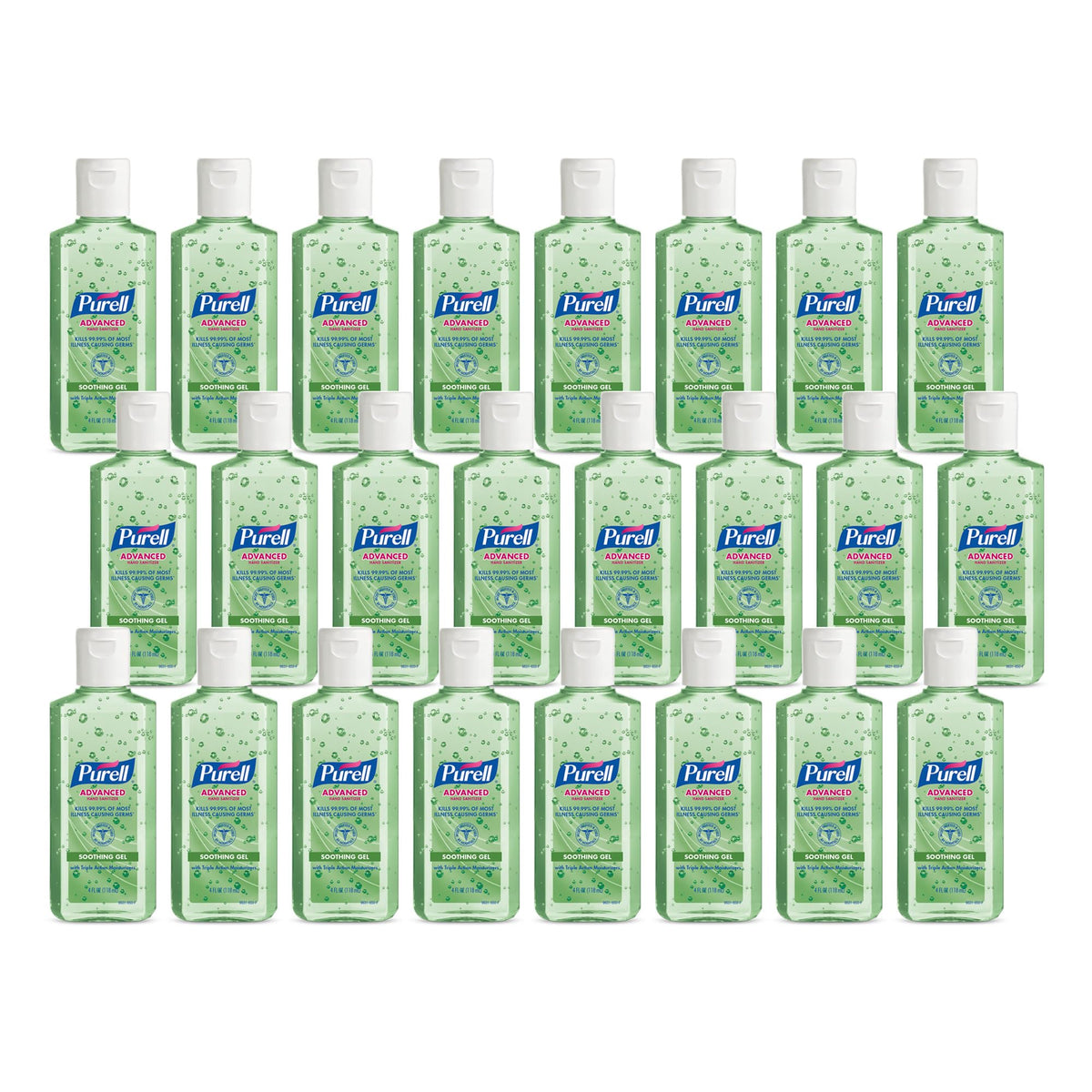 Purell Advanced Hand Sanitizer soothing gel desk bottle on a desk for quick germ protection.