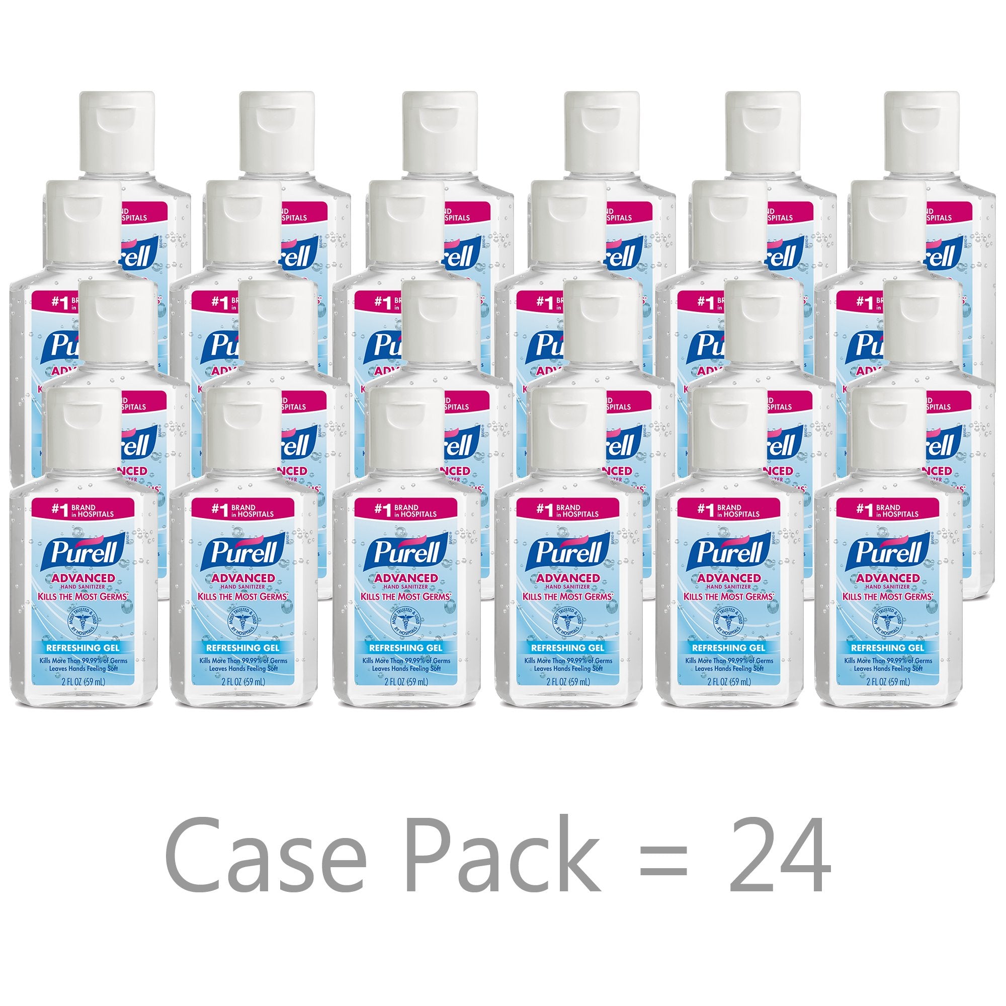 Pack of 24 travel-size bottles ideal for shareable germ defense at home, work, or school.