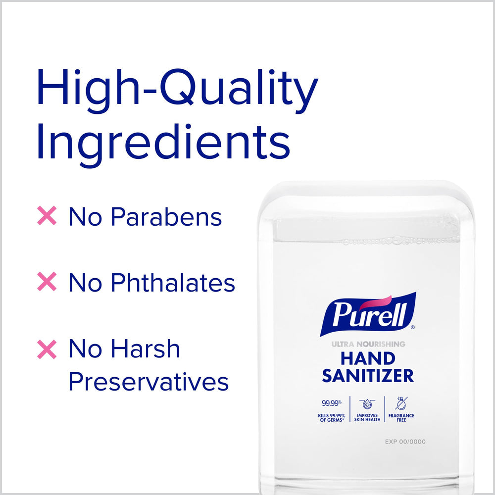 Purell fragrance-free formula label emphasizes gentle, skin-friendly ingredients.