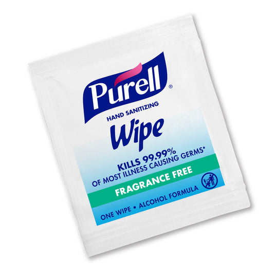 Purell fragrance-free wipes, individually wrapped for on-the-go hand cleaning.