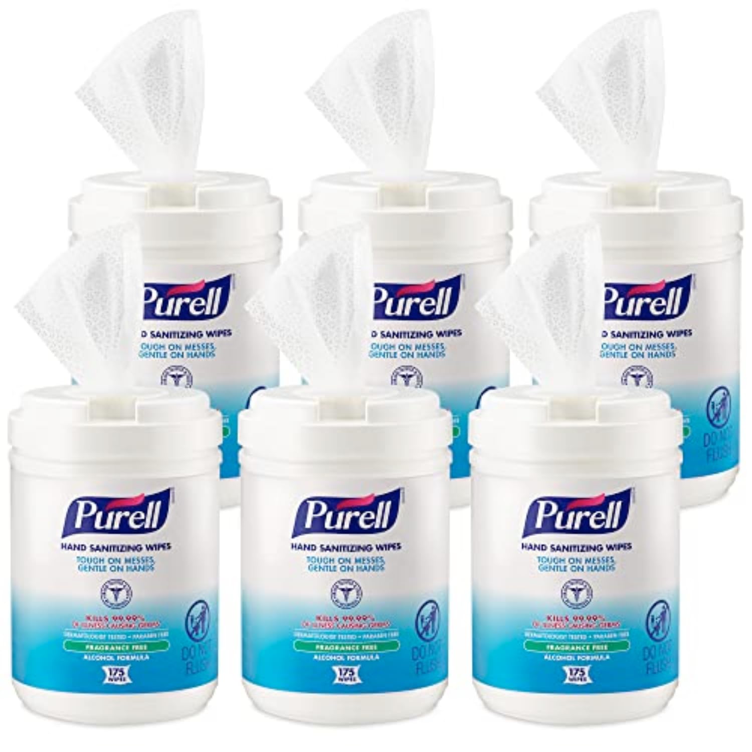 Purell hand sanitizing wipes canisters in a six-pack for shared spaces.