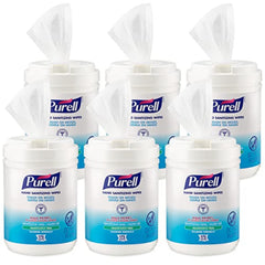 Purell hand sanitizing wipes canisters in a six-pack for shared spaces.