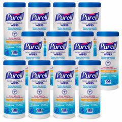 Purell hand sanitizing wipes non-alcohol formula with textured surface for quick hand cleaning.