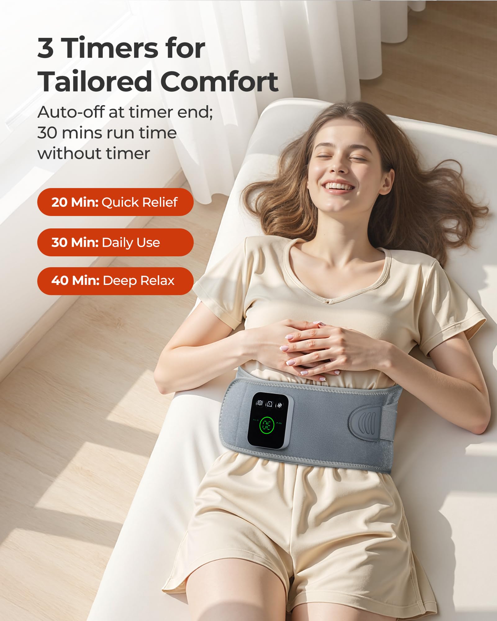 Purella cordless heating massage pad in action as a cordless design for anytime use.