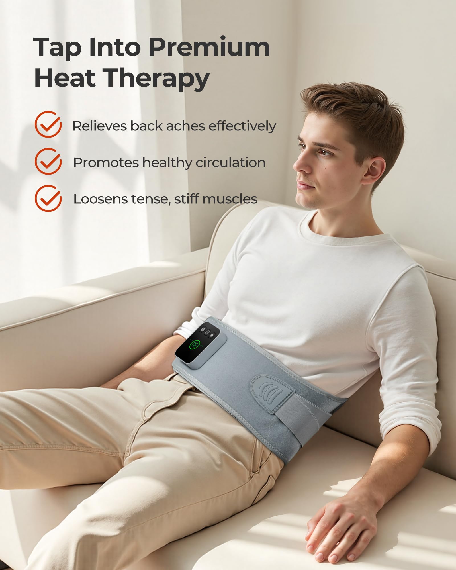 Purella cordless heating massage pad demonstrates timer settings for quick or extended relief.